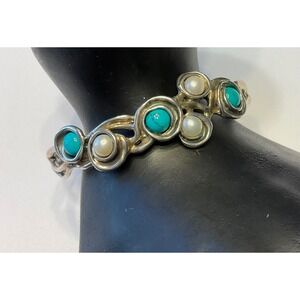Hagit Gorali Sterling Silver Turquoise Pearl Cuff Bracelet Israel 925 HG average